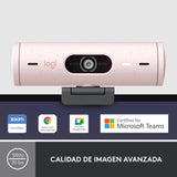 Logitech Brio 500 HD Webcam Ajuste Luz, Modo Visualización, Mics Duales con Reducción Ruido, Cubierta Privacidad Cámara Web, Admite MS Teams, Google Meet, Zoom, Cable USB-C, Webcam Streaming - Rosa