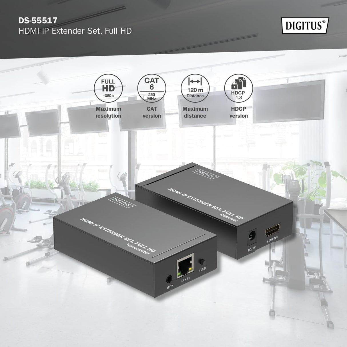 DIGITUS DS-55517 Extensor HDMI/Divisor HDMI - Full HD 1080p 60 Hz - 120 m por cable LAN/Ilimitado por Ethernet (apto para IP) - Set: Transmisor y Receptor - HDCP 1.3