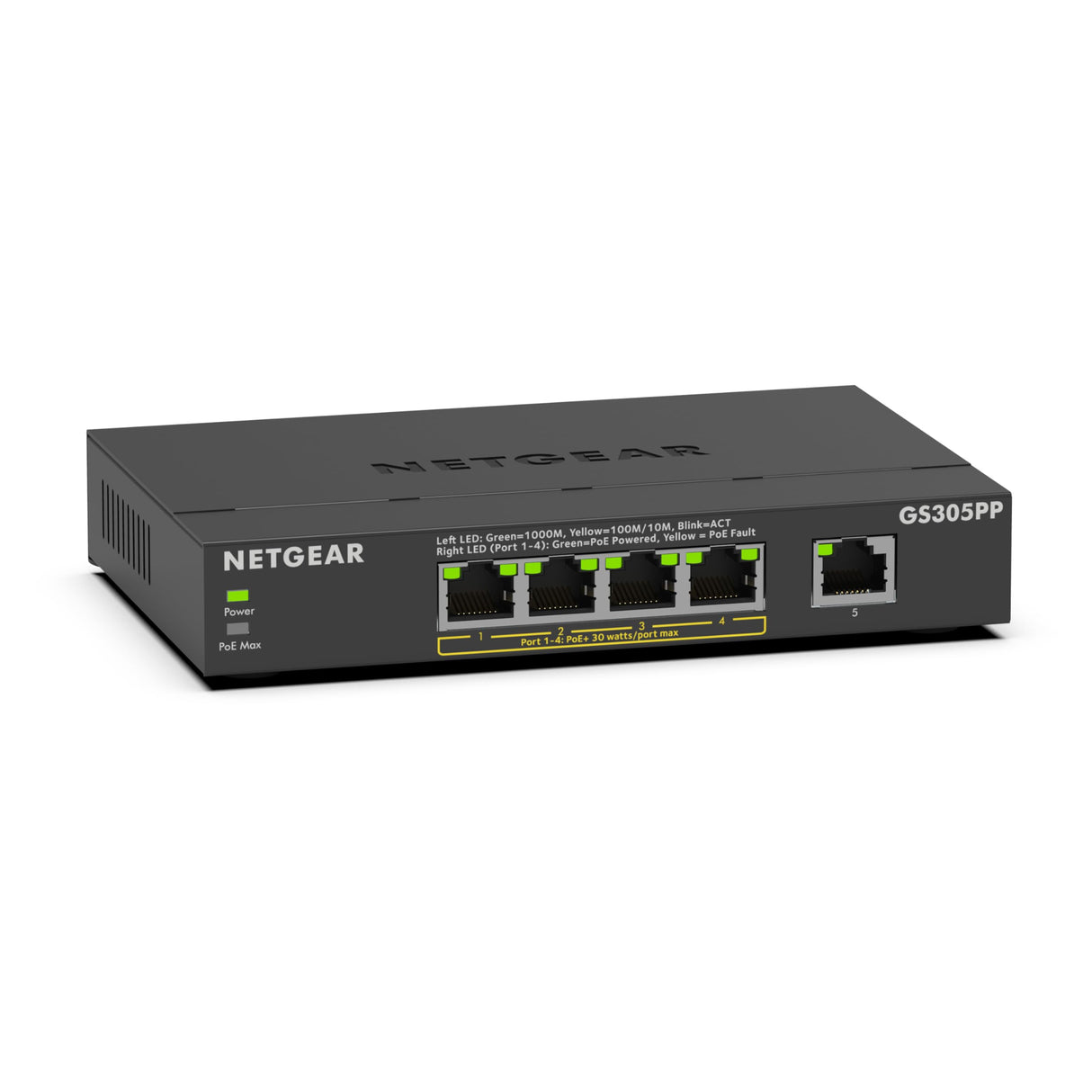 NETGEAR Switch Ethernet no gestionable de 5 puertos Gigabit Ethernet PoE de (GS305PP) con 4 puertos PoE+ de 83 W, montaje de sobremesa o en pared