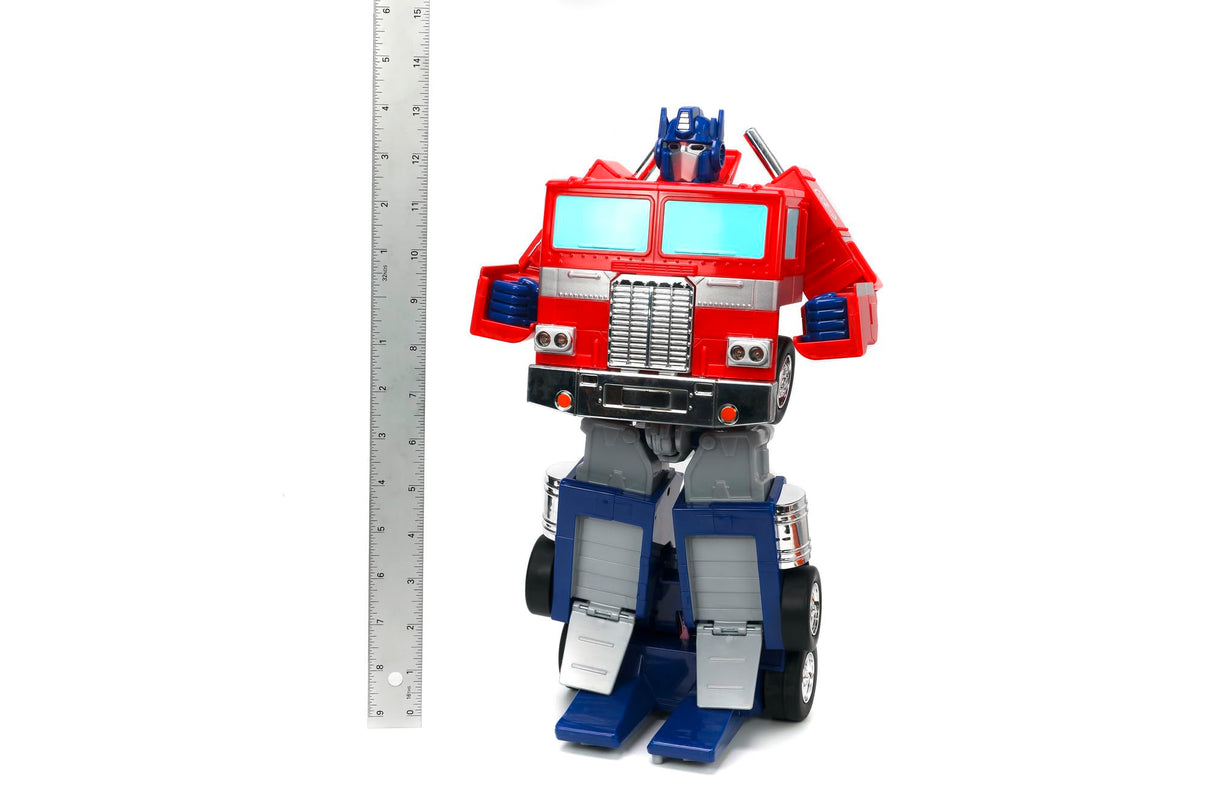 Jada Transformers Converting RC Optimus Prime - Coche de Control Remoto Modelo G1 Original - 30 cm de Largo en Modo camión, pie 35 cm de Alto Convertido en Modo Autobot con Luces Sonidos y Voz