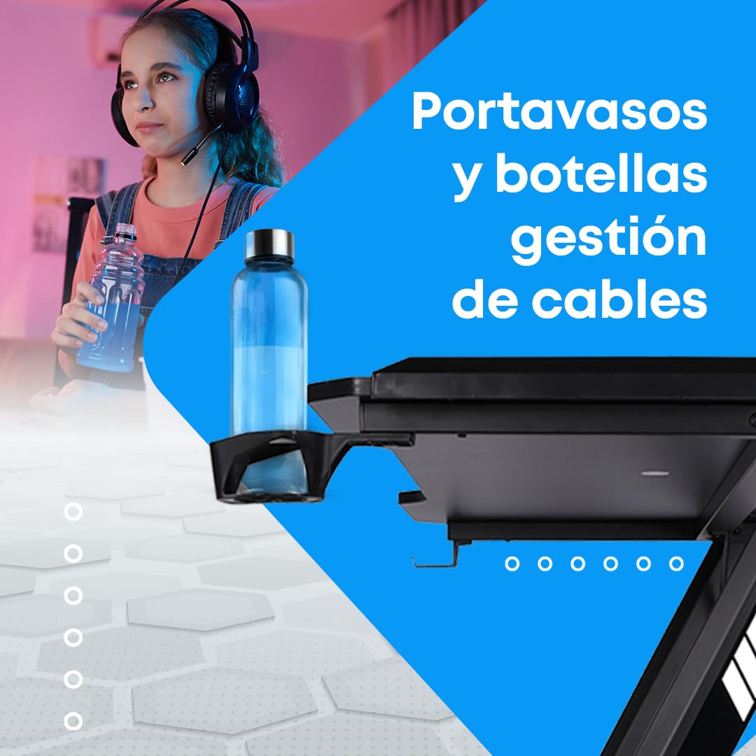 NK Mesa Escritorio Gaming con LED (120x60cm) - Portavasos y Botellas, Soporte Auriculares/Cascos, Gestión de Cables, Gaming Desk, Tabla 1.5cm (Resistencia) Peso Máximo 100kg (Rosa)