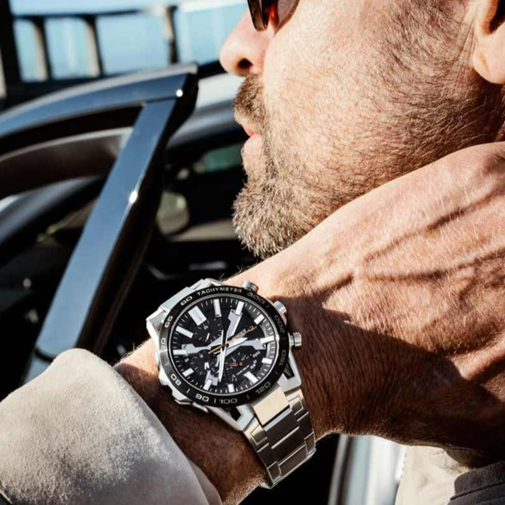 Casio Reloj Solar Hombre 55.60mm con dial Analógico Negro y Correa de Pulsera de Metal Plata EQB-2000DB-1AER