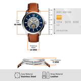 Fossil Reloj para hombre Townsman, movimiento mecánico automático, caja de 48mm de acero inoxidable plateado con correa de piel, ME3154, 48MM, Marrón y Tono Plateado