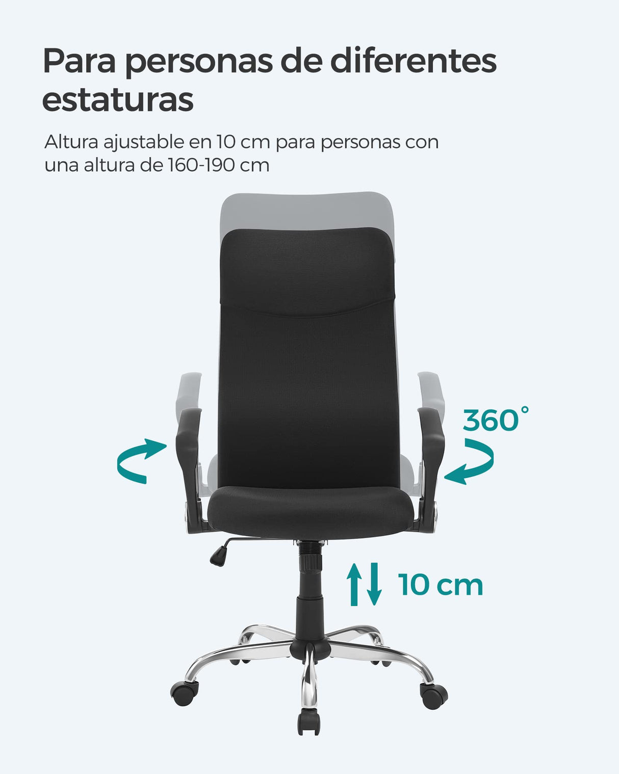 SONGMICS Silla de Oficina, Silla de Escritorio Ergonómica, Silla Giratoria, Asiento Tapizado, Ajustable en Altura e Inclinable, Carga de 120 kg, Negro Tinta OBN034B01