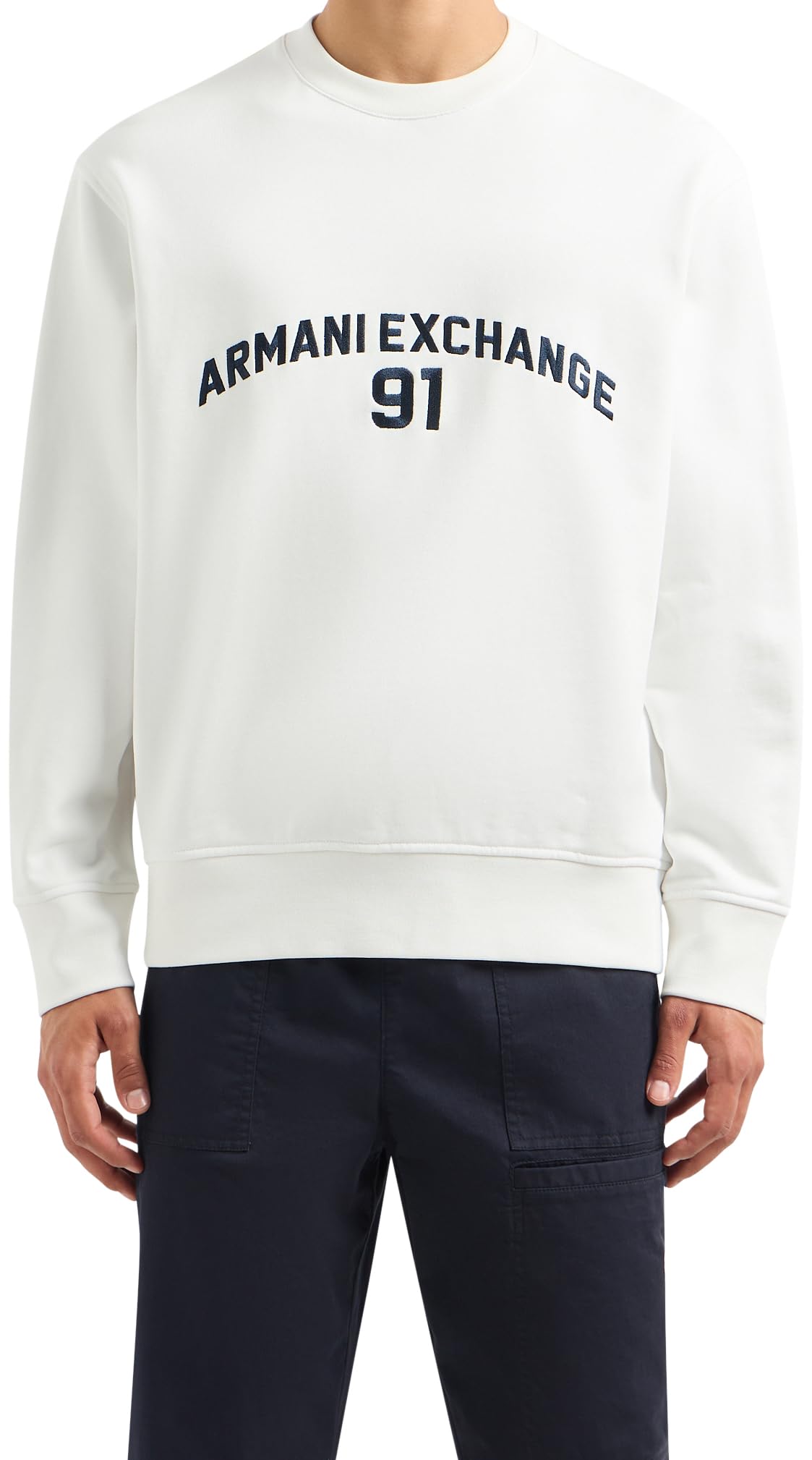 Armani Exchange Men's 91 Logo Crew Neck, Wrist Cuffs,Sweatshirt,Off White,S, Blanco Crudo, S