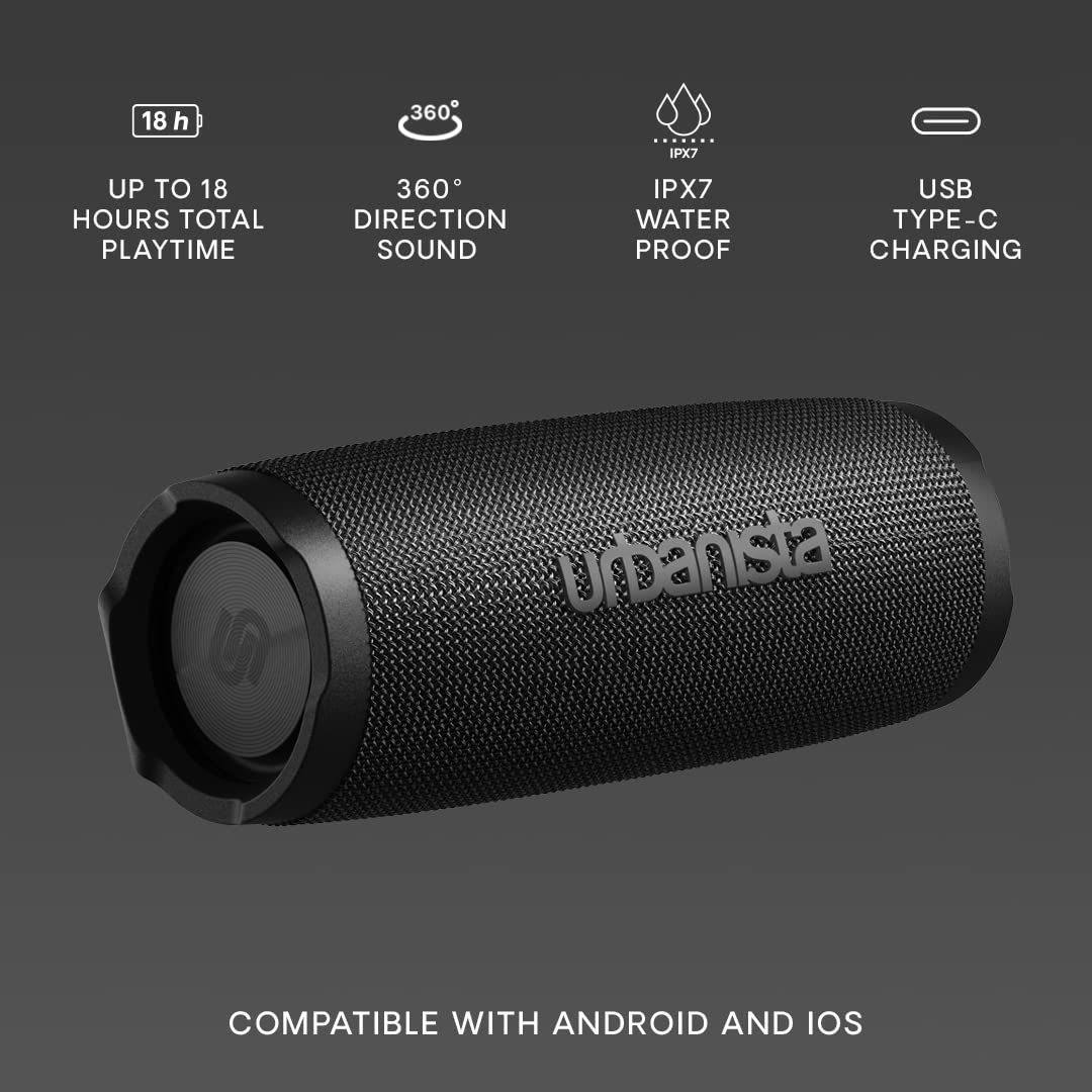 Urbanista Nashville Altavoz Bluetooth Inalámbrico, Altavoz Portátil Resistente al Agua Clasificación IPX7, Tiempo de Reproducción de 18H, Controles de Botón, Emparejamiento Dual Bluetooth 5.2, Negro