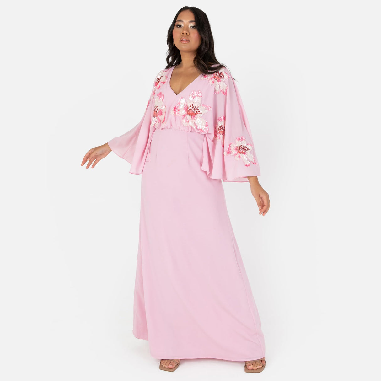 Maya Deluxe Women's Maxi Dress Ladies V-Neck Long Cape Sleeve Floral Sequin Embellished A-Line for Wedding Guest Evening Occasion Vestido, Cherry Blossom, 54 para Mujer