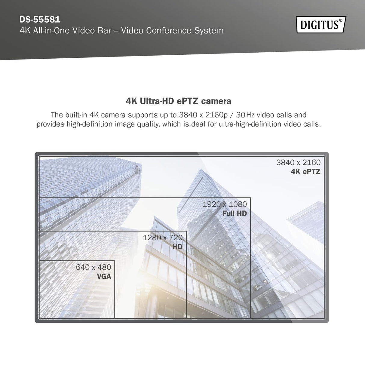 DIGITUS DS-55581 Video Bar Mini, Sistema de videoconferencia - Cámara Webcam 4K UHD 30 Hz ePTZ - 2 Micrófonos internos - Altavoz Interno 2 W - Autoenfoque y Zoom, Cancelación de Eco