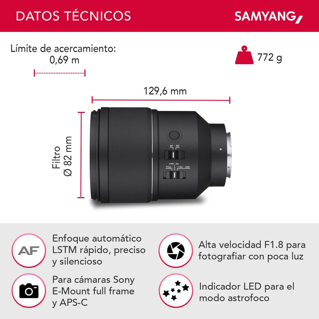 Samyang AF 135mm F1.8 FE para Sony E - lente teleobjetivo de formato completo y APS-C con enfoque automático, longitud focal fija brillante para cámara Sony con montura E