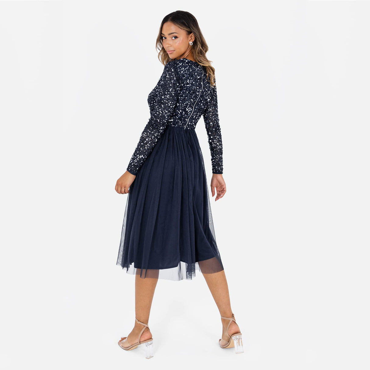 Maya Deluxe Maya Vestido Midi Adornado con La Parte Delantera de Deformación Falsa Dama de Honor, Azul Marino, 40 para Mujer