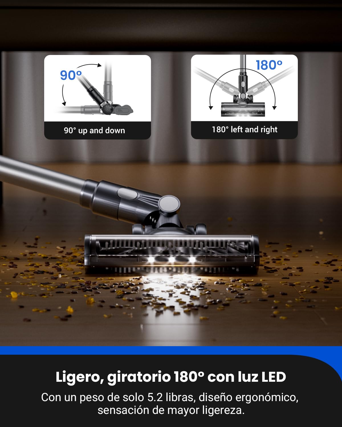 Proscenic P11 Mopping Aspiradora sin Cable y Fregona 2 en 1, 45kPa/550W/60Min Aspiradora Escoba Inalámbrico y Vertical con Batería Antienredos para Alfombras/Suelos Duros/Cortinas/Pelos de Mascotas