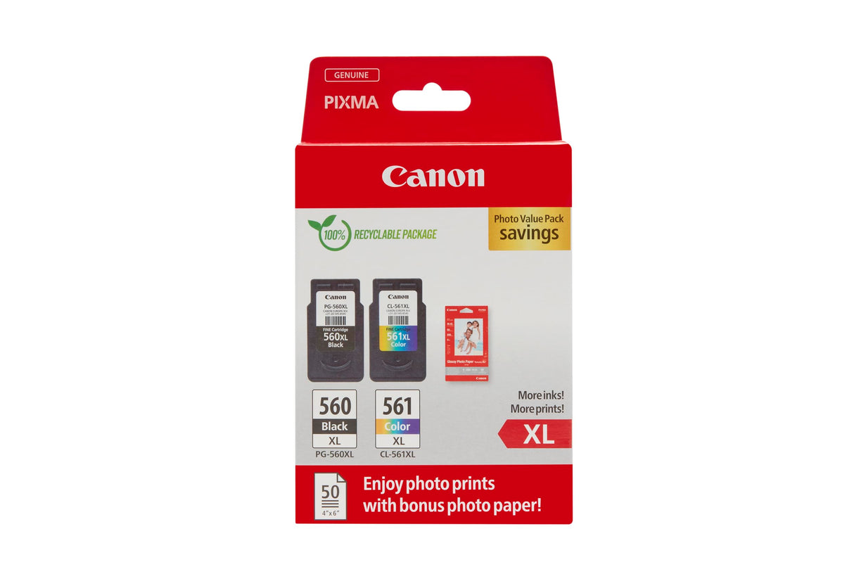 Canon Tinta y Papel Multipack - PG-560XL/CL-561XL Cartuchos de Tinta Genuinos 2 Pack (1 x Negro XL, 1 x Color XL) & Papel Fotográfico 4x6 (50 x Hojas)