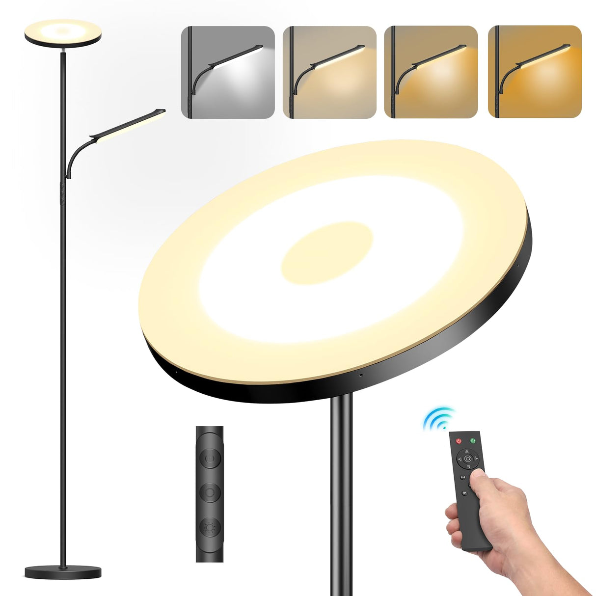Lámpara de Pie LED Regulable de 42 W, Lamparas de Pie Para Salon Superbrillante de 4000 LM Para Sala de Estar Con Luz de Lectura, Atenuación Continua de 2700K-6500K, Control Remoto y Control Táctil