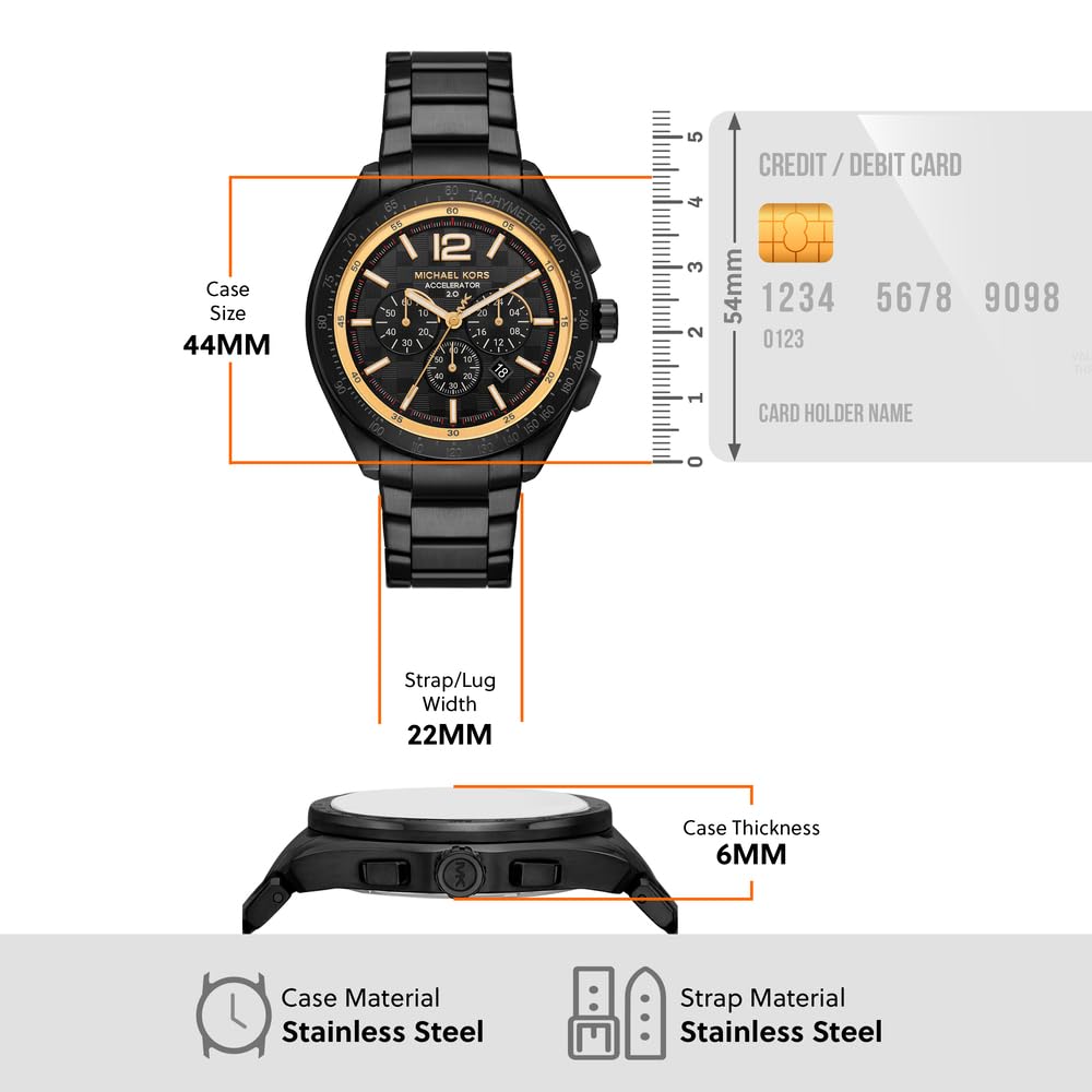 Michael Kors Reloj Accelerator 2 para Hombre, Movimiento cronógrafo de Cuarzo con Correa de Acero Inoxidable, Negro y Dorado