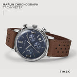 Timex Marlin Chronograph - Reloj de 40 mm para hombre, correa de liberación rápida de cuero marrón, esfera azul, caja de acero inoxidable TW2W10200