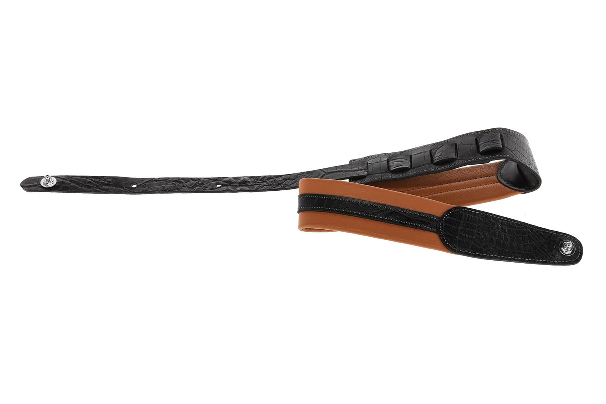 GEWA Correa para guitarra serie Prestige, cuero auténtico, ancho 65 mm, largo 103-139 cm, cierre de seguridad: cromado, arena seca/negro, marrón medio/negro, hecho a mano en Europa