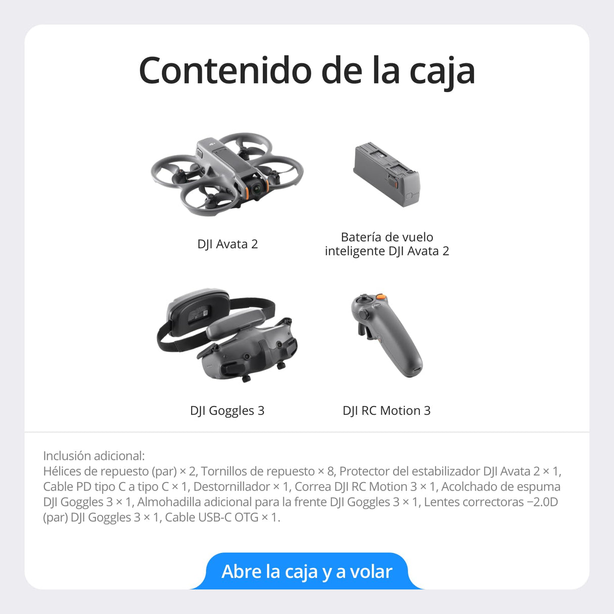 DJI Pack Avata 2 Vuela Más (1 batería), dron FPV con cámara 4K, vuelo inmersivo, protector de hélices integrado, sencillo flip/roll, Goggles 3 y RC Motion 3 incluidos, con cámara de contenido en POV
