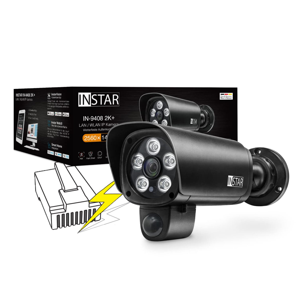 INSTAR IN-9408 2K+ PoE Negro - cámara de vigilancia LAN/PoE con Inteligencia Artificial - cámara Exterior Resistente a la Intemperie - Power Over Ethernet IEEE 802.3af - HomeKit - PIR - RTSP