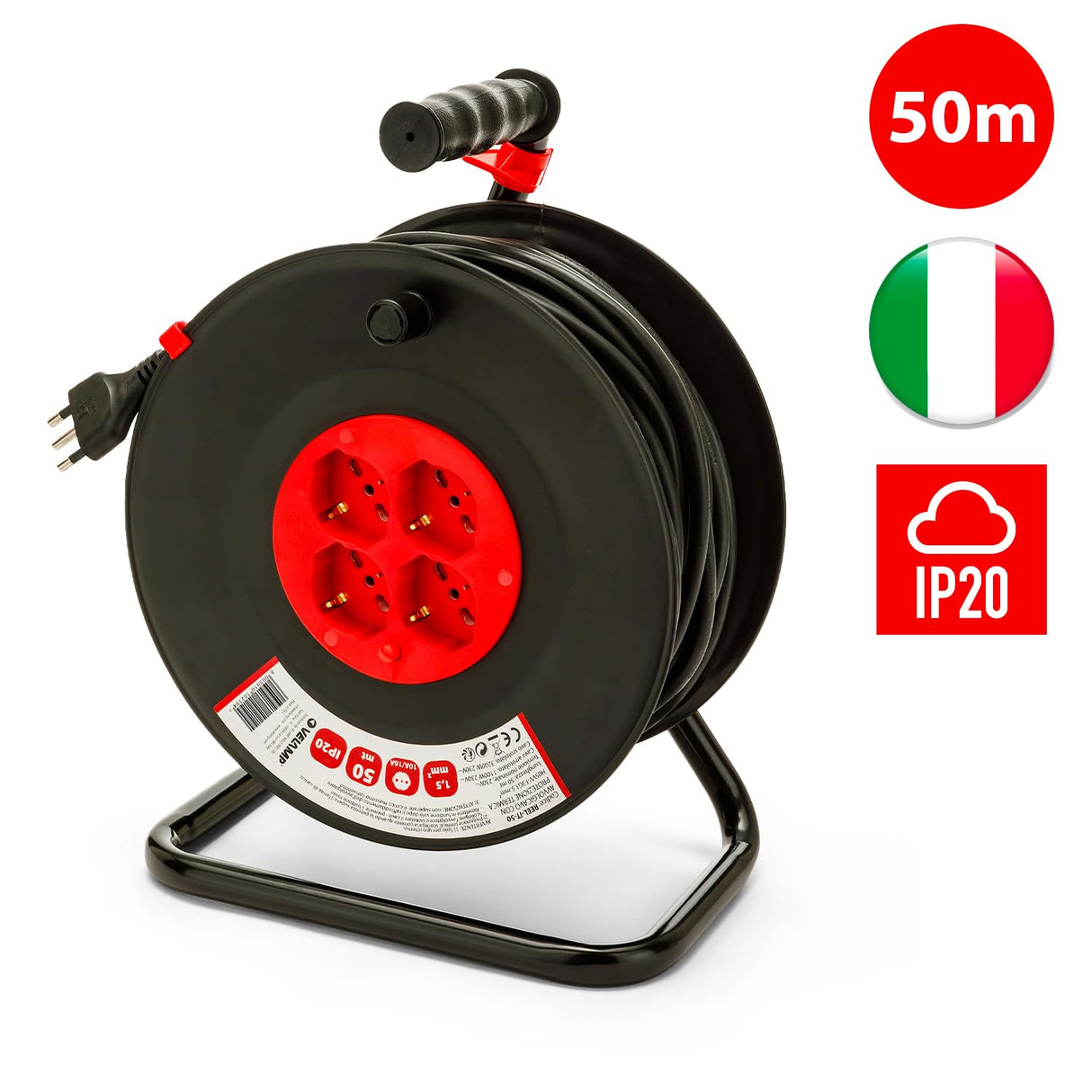 Velamp Alargador eléctrico con enrollacables 50 m – 4 tomas polivalentes (Schuko + 10/16 A) – Enchufe grande 16 A – Interruptor de protección – Cable eléctrico multipolar 3G sección 1,5 mm²