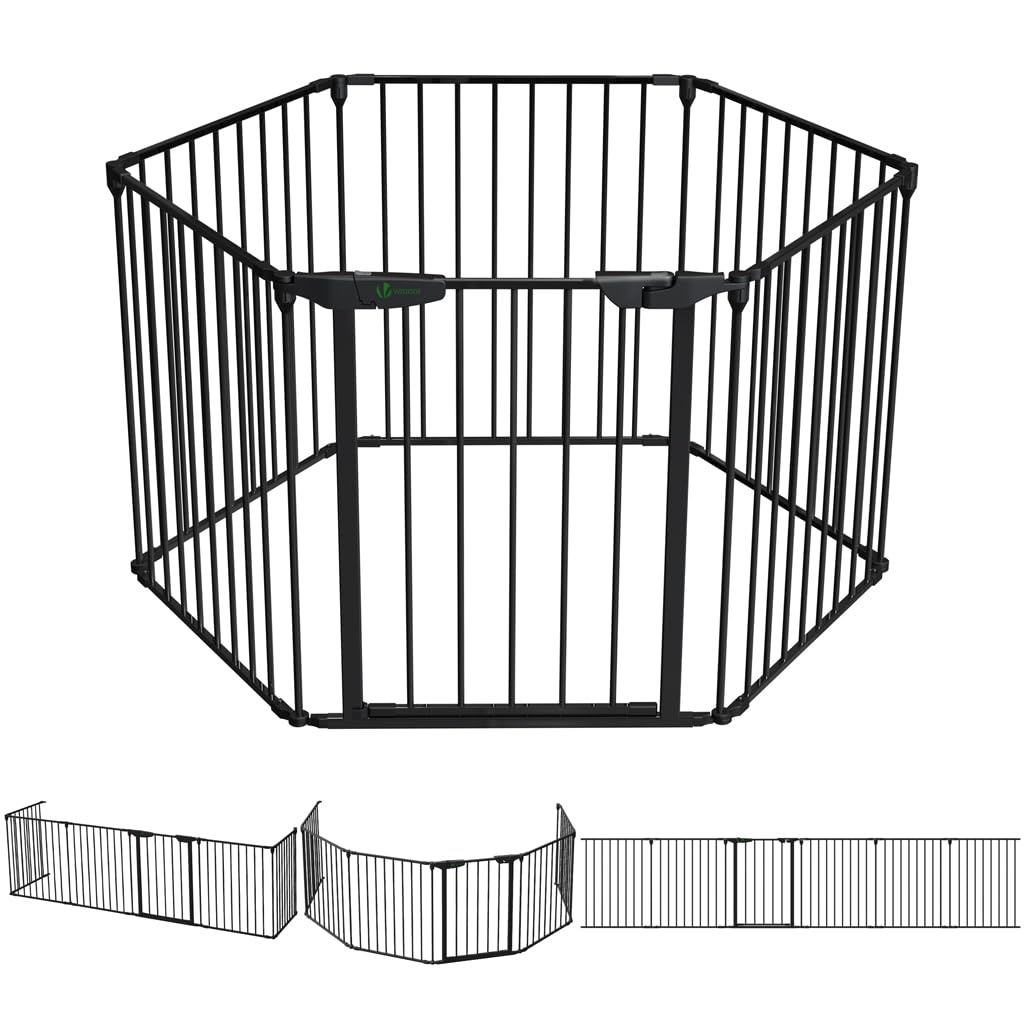 VOUNOT® Barrera de Seguridad Multifunción 6 Paneles, Rejilla de Protección de Metal para Chimenea Puertas Escaleras, Parque Recinto para Perros Corralito para Mascotas Valla Plegable, 74x375 cm, Negro