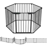 VOUNOT® Barrera de Seguridad Multifunción 6 Paneles, Rejilla de Protección de Metal para Chimenea Puertas Escaleras, Parque Recinto para Perros Corralito para Mascotas Valla Plegable, 74x375 cm, Negro
