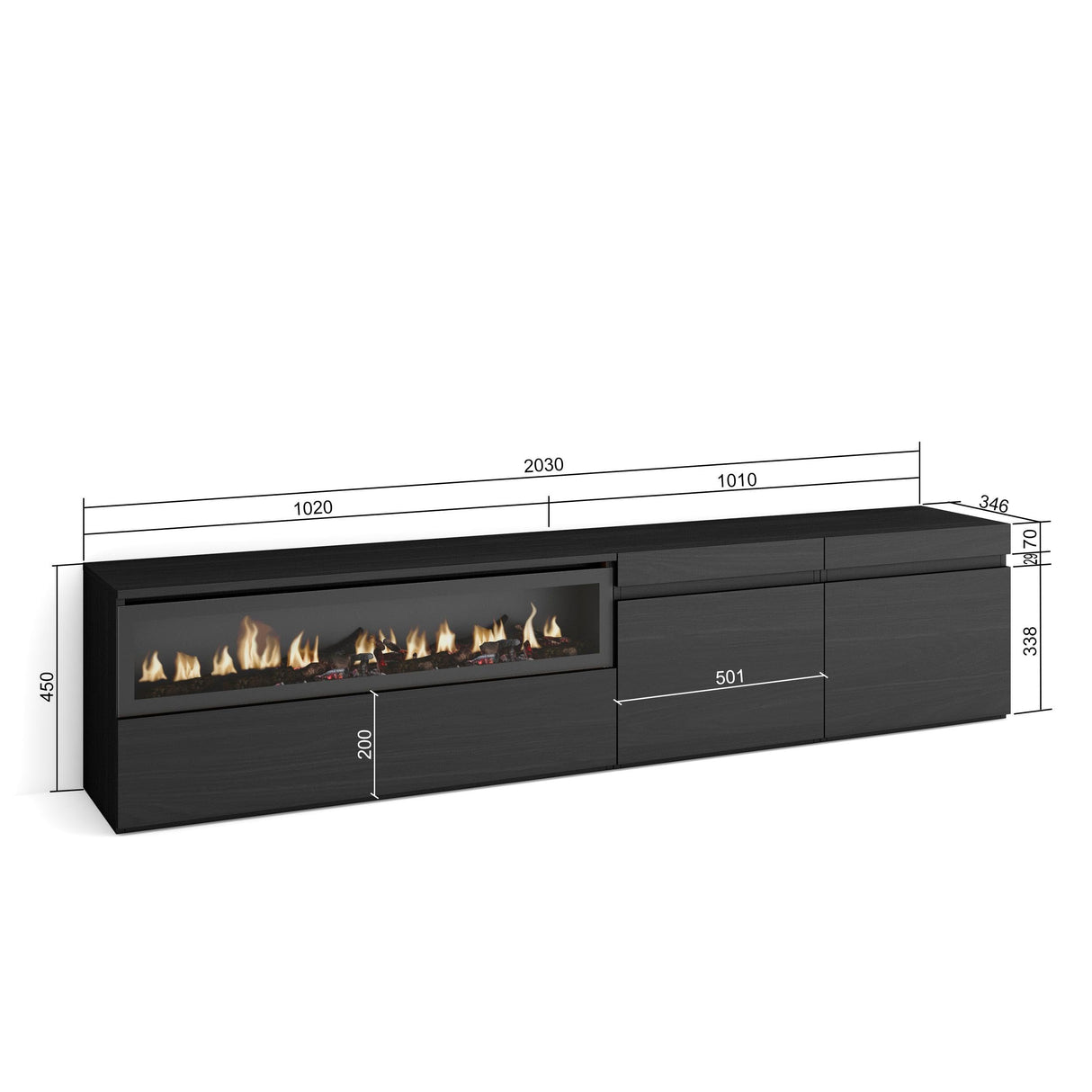 Skraut Home | Mueble TV | Televisión | Muebles de salón, almacenaje | 200x45x35cm | para TV hasta 80" | Chimenea eléctrica | Estilo Moderno | Negro