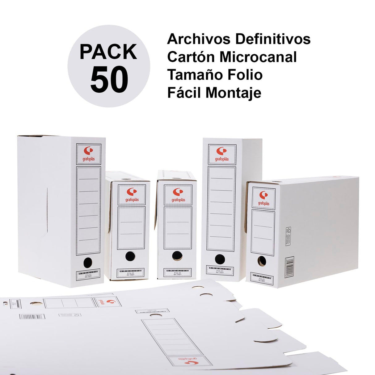 Grafoplás 70905700. Pack de 50 Cajas de Archivo Definitivo de Cartón, Tamaño Folio, 2 Frentes para Archivo Vertical y Apaisado, Certificados FSC, 36x25,3x10cm