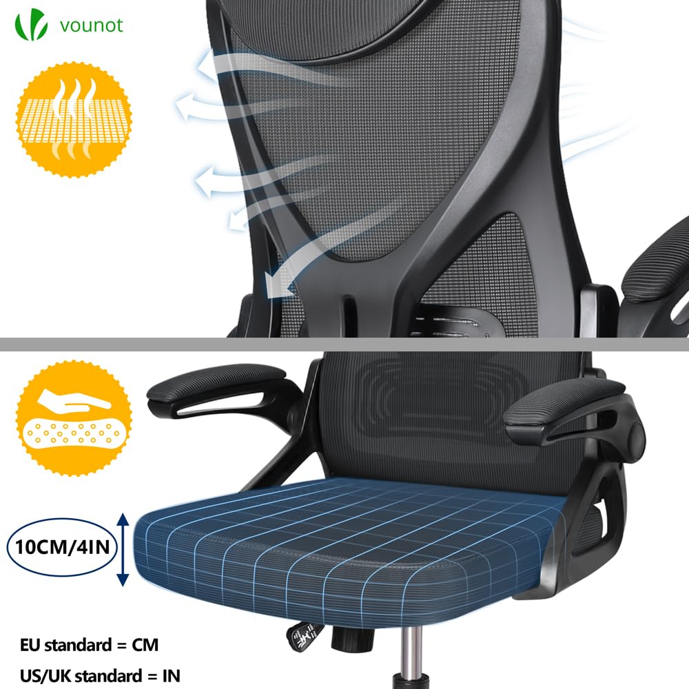 VOUNOT® Silla Oficina Ergonómica, Silla de Escritorio para Ordenador, Ajustable y Reclinable con Reposacabezas, Soporte Lumbar y Reposabrazos Abatibles, Malla Transpirable Ruedas Giratorias 360° Negro