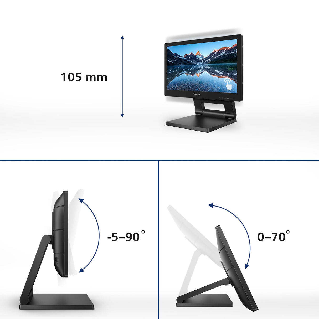 Philips 162B9T Monitor Táctil 16 Pulgadas WXGA, 60Hz, TN, 4 ms GtG, Altura Ajustable, Altavoces (1366x768, 1x HDMI 1.4, 1x DP 1.2, USB-Hub), Negro