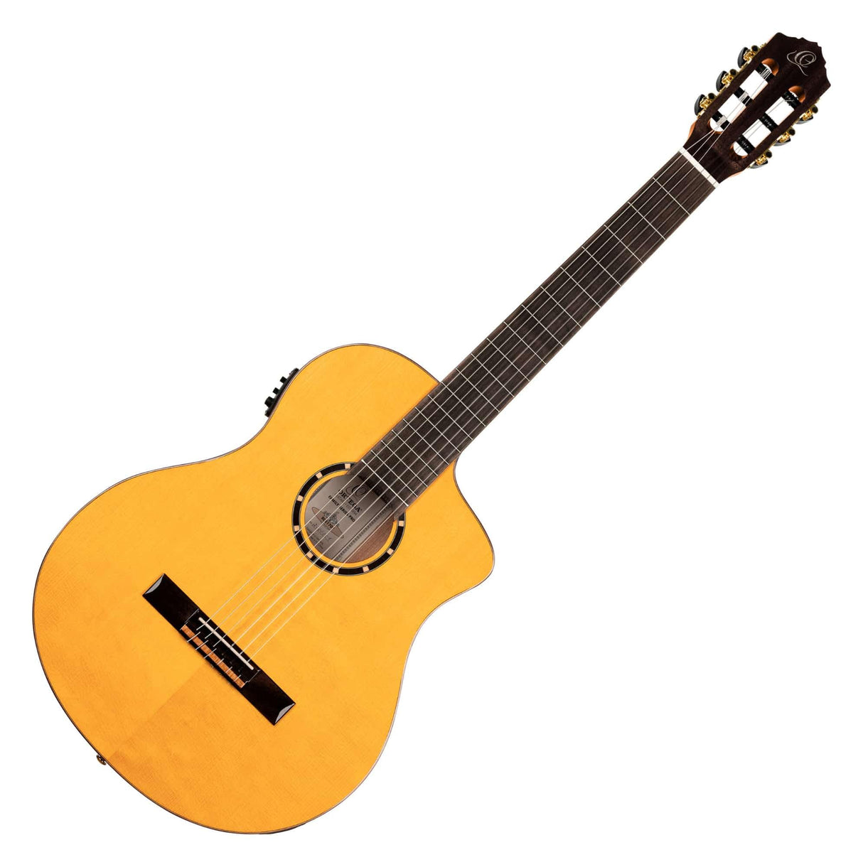 Ortega Guitars Family Series Pro - Guitarra de concierto Flamenco 4/4, electroacústica, pícea y ciprés con acabado brillante, color amarillo, incluye funda (RCE170F)