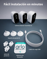 Arlo Essential 2 Camara Vigilancia WiFi Exterior HD, Camara Vigilancia WiFi Interior, Sensor de Movimiento, Alarmas Para Casa, Visión Nocturna En Color, Prueba Arlo Secure Incluida, 3 Cámaras, Blancas