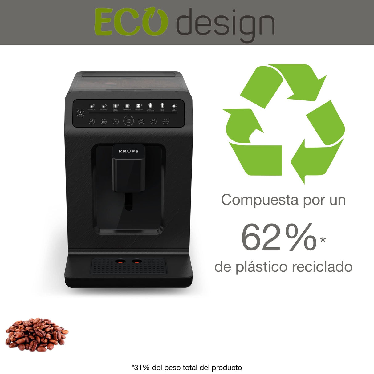 Krups Evidence Eco Design EA897B - Cafetera superautomática 15 bares, 8 programas café, 5 grados de molienda, programa limpieza, indicador cal, molinillo integrado