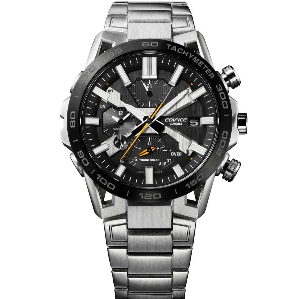 Casio Reloj Solar Hombre 55.60mm con dial Analógico Negro y Correa de Pulsera de Metal Plata EQB-2000DB-1AER