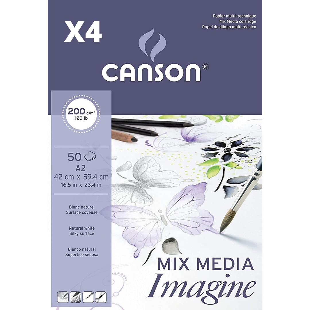 Pack de 4 Blocs Encolados, A2, 50 Hojas, Canson Mix Media Imagine, Grano Fino 200g