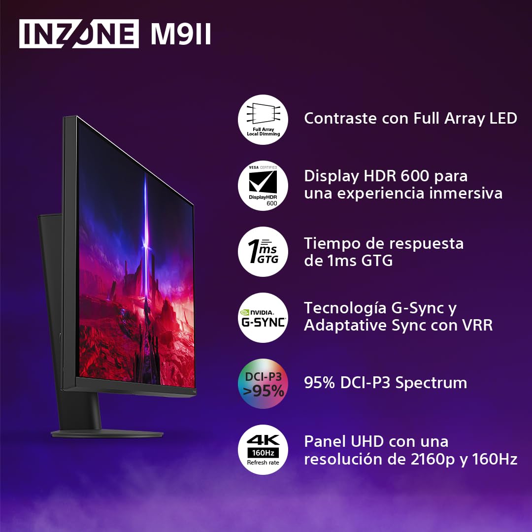 Sony INZONE M9II Monitor Gaming, 27 Pulgadas, 4K Ultra HD: Resolución 2160p, Frecuencia actualización 160 Hz, 1 ms GTG, Espectro DCI-P3 95%, Full Array LED, G-Sync, Adaptive Sync, VRR, Negro