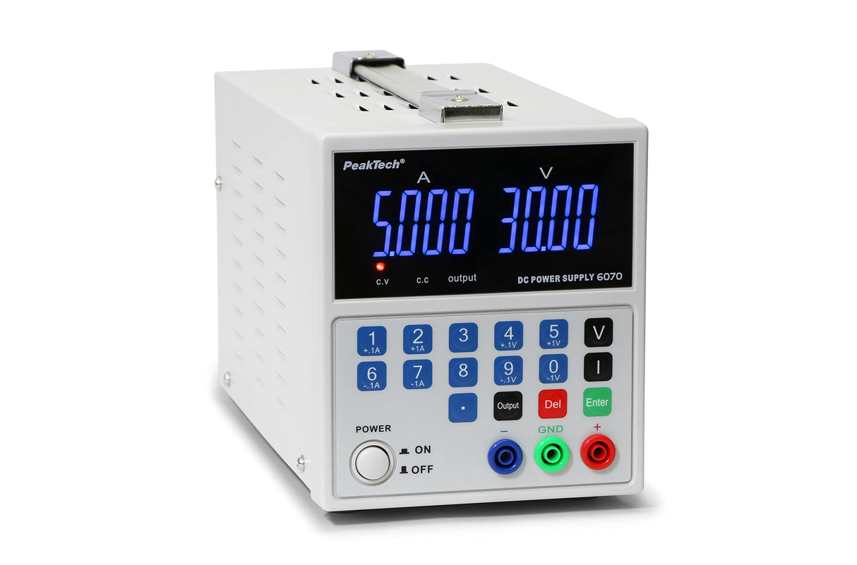 PeakTech 6070 – Fuente de alimentación 0-30V / 0-5A, ajustable, DC con USB y pantalla LED, conmutación estabilizada, amperímetro, a prueba de sobrecarga y cortocircuito, enfriamiento pasiv