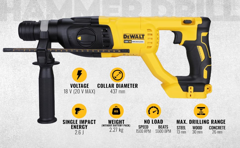 DEWALT DCH133N-XJ - Martillo perforador inalámbrico 18 V, con tecnología XR, SDS plus, potencia de 18V, 2.6J de energía de impacto, Vibración 6.6m/s², sin batería ni cargador