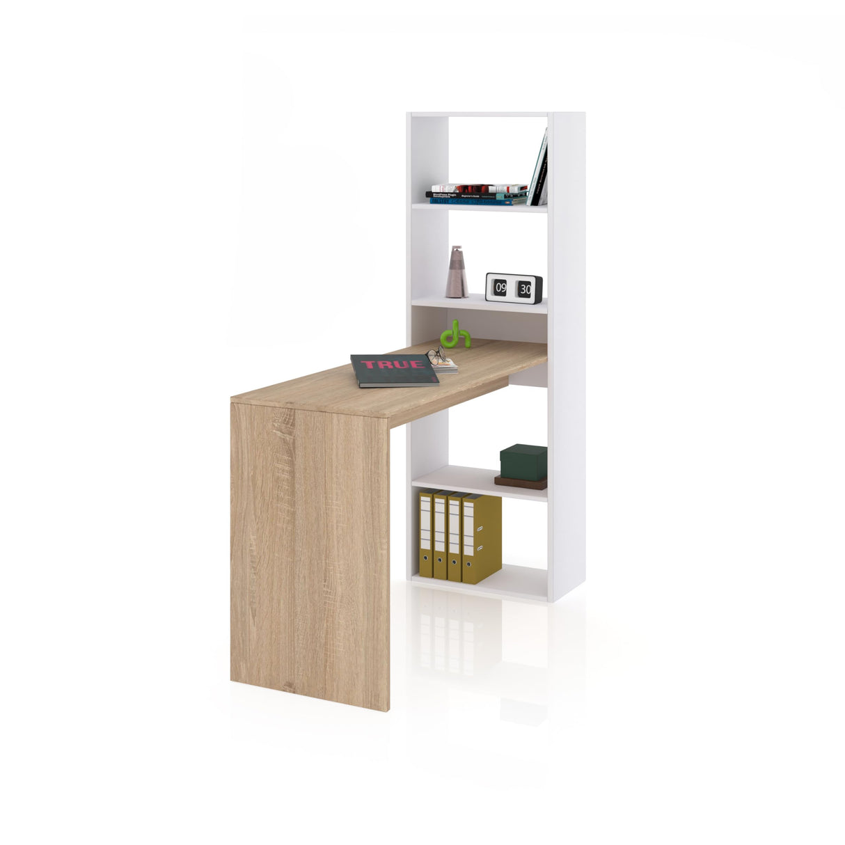 duehome | Escritorio Juvenil con Estanteria Reversible, Mesa de Ordenador, Modelo Cosmic, Acabado en Blanco Artik y Roble Canadian, Medidas: 120 cm (Largo) x 53 cm (Ancho) x 144 cm (Alto)