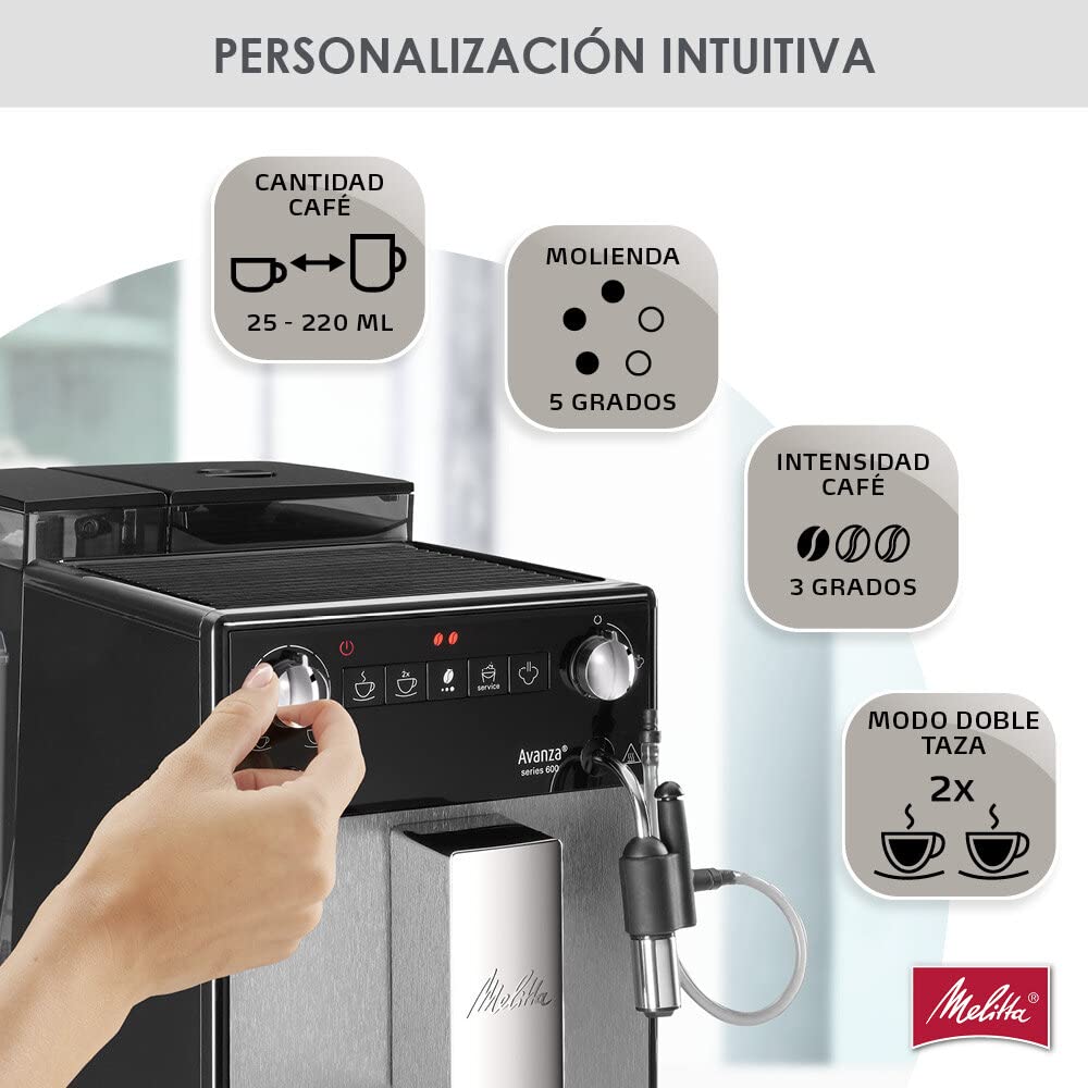 Melitta Avanza F270-100 Mystic Titan - Cafetera superautomática compacta con molinillo silencioso, máquina de café con capuchinador easy, depósitos XL, modo doble taza y limpieza automática, 1,5 L