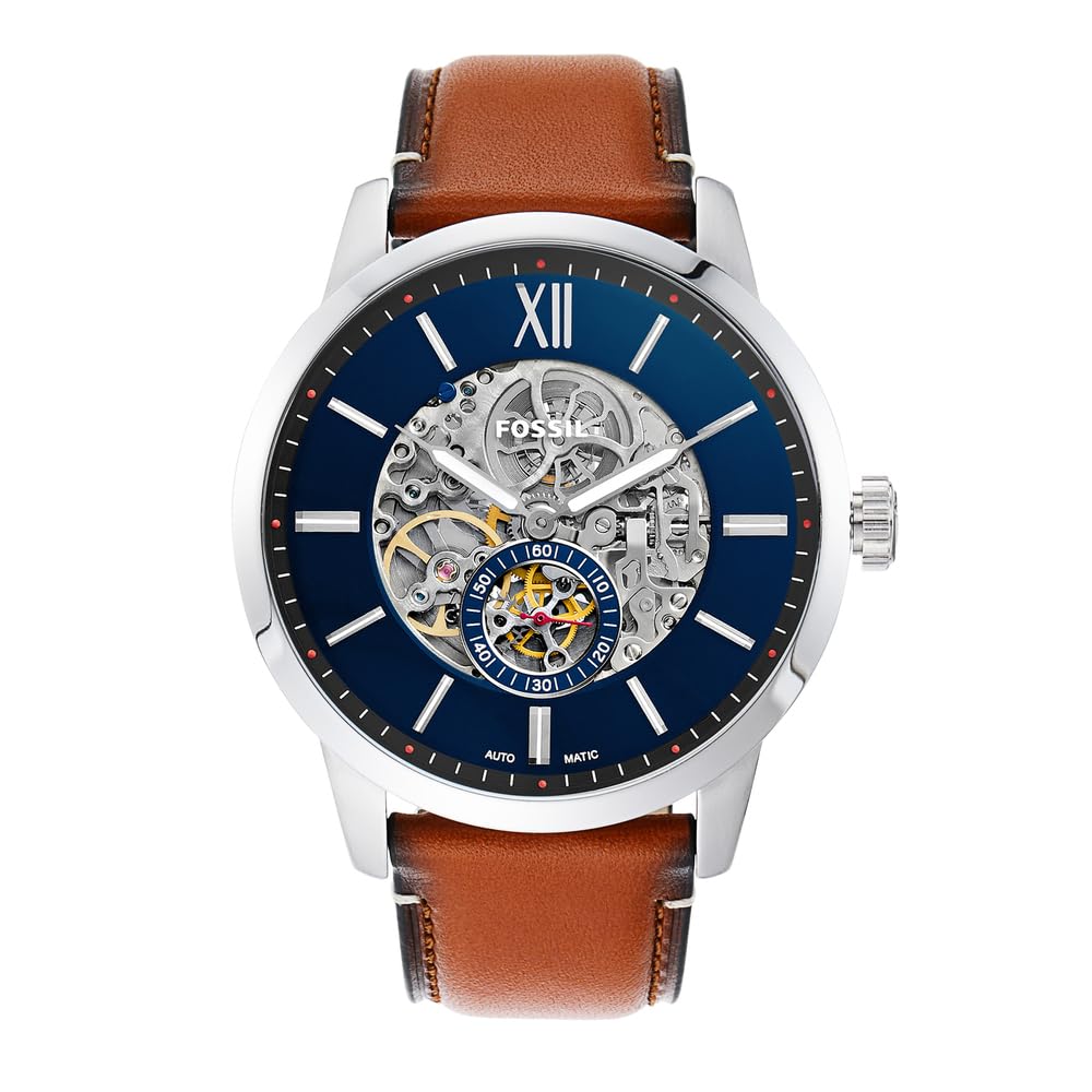 Fossil Reloj para hombre Townsman, movimiento mecánico automático, caja de 48mm de acero inoxidable plateado con correa de piel, ME3154, 48MM, Marrón y Tono Plateado