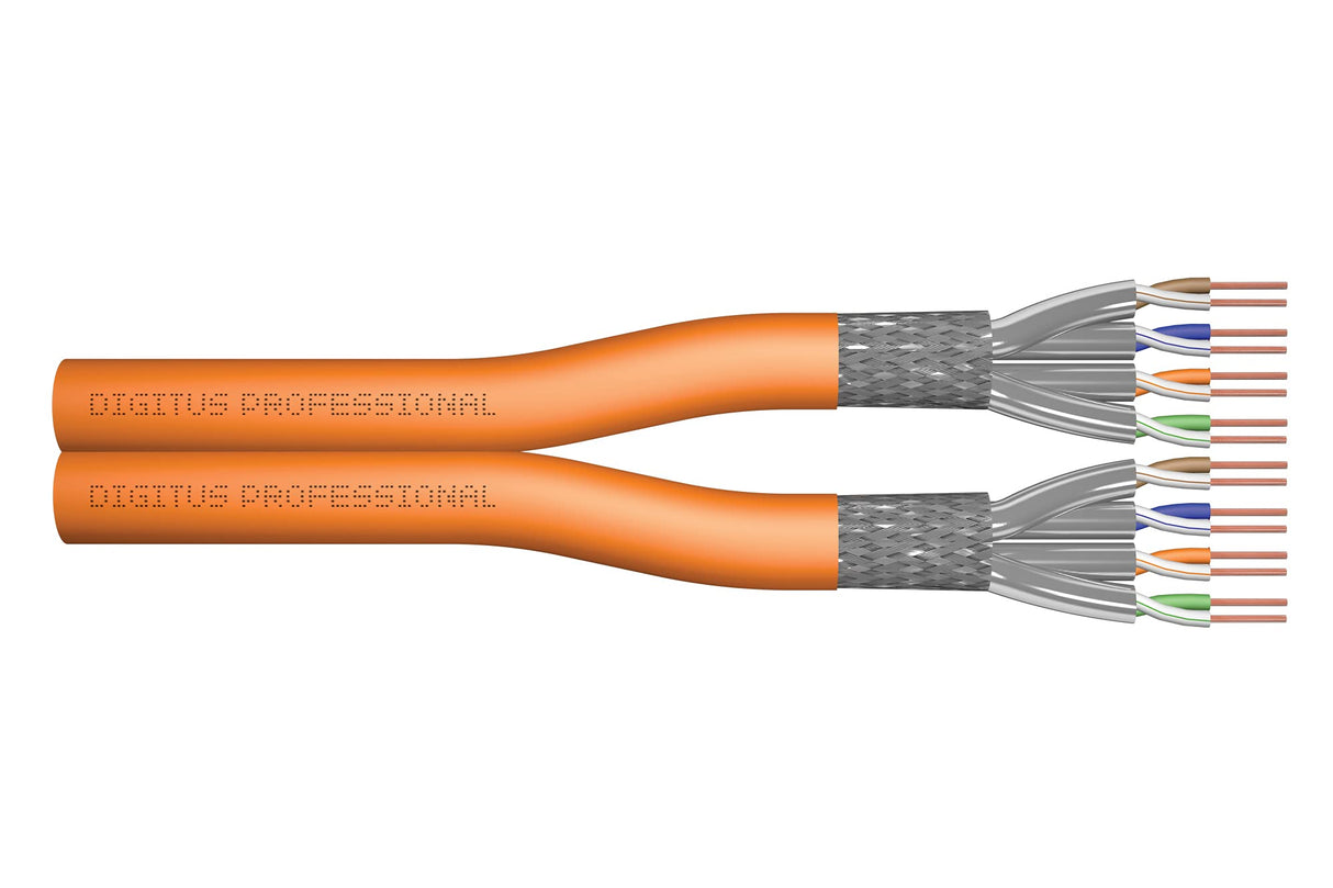 DIGITUS 100 m de Cable de red Cat 7, S-FTP (PiMF) Dúplex, BauPVO Dca, LSZH Libre de Halógenos, 1200 MHz Copper AWG 23/1, Compatible con PoE+, Cable LAN Cable Ethernet, Naranja