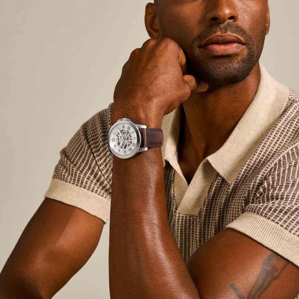 Fossil Reloj para hombre Grant, movimiento automático, caja de acero plateado de 45mm con correa de piel, ME3099