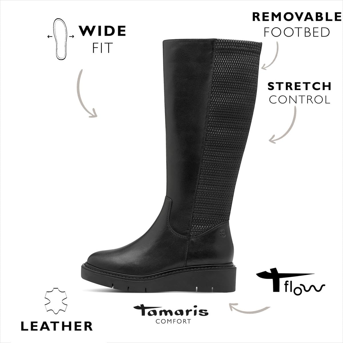 Tamaris Comfort Long Boot Flat, Botas a la Altura de Rodilla Mujer, Napa Negra, 42 EU