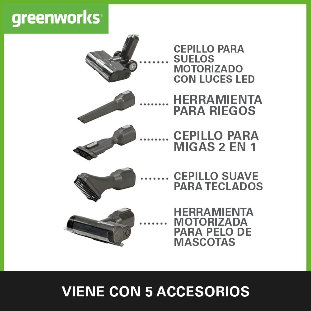 Greenworks GD24SV Aspiradora sin Cable, Gran Poder de Succión, 45 min de Operación, Filtro HEPA, Herramienta para el Pelo de Mascotas, 3 Niveles de Energía SIN Batería ni Cargador, Garantía de 3 Años