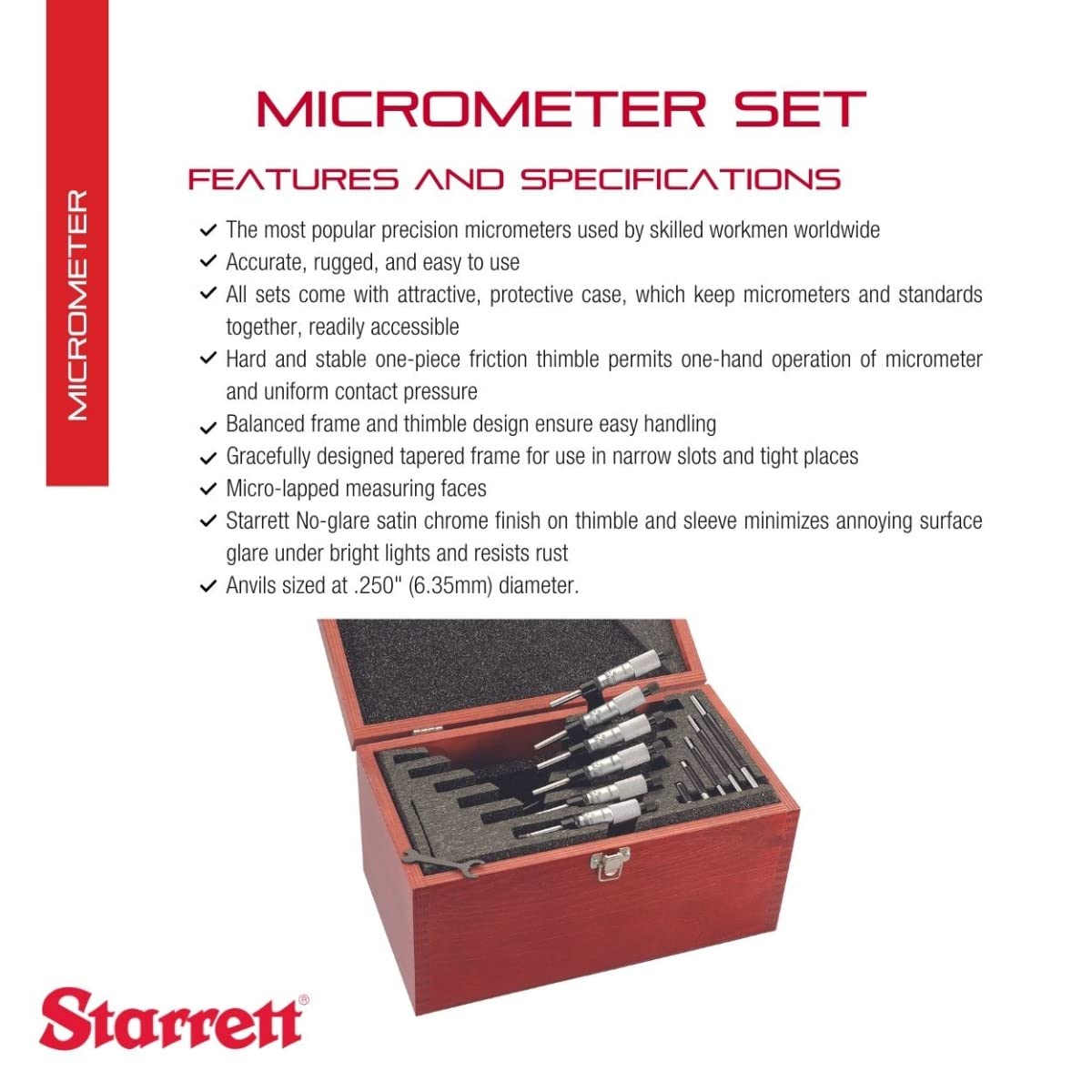 Starrett S436.1CXRLZ 436.1 Series Juego de micrómetros externos, tope de carraca, tuerca de bloqueo, caras de carburo, rango de 0-15 cm, graduación de 0 cm
