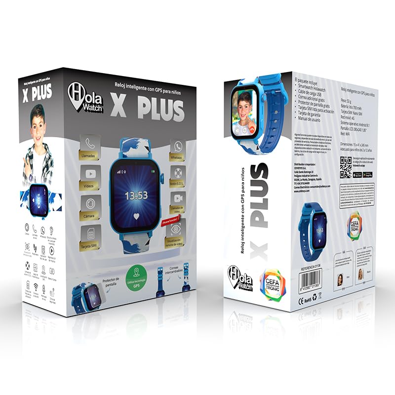 Cefa Toys - Reloj Inteligente Holawatch X Plus Blue Android, con 4G LBS/WIFI, GPS, Tarjeta SIM, Cámara, Juegos, Llamadas, Videollamadas, Whatsapp, Medidor de Pasos, Correa Extra, Protector de Pantalla