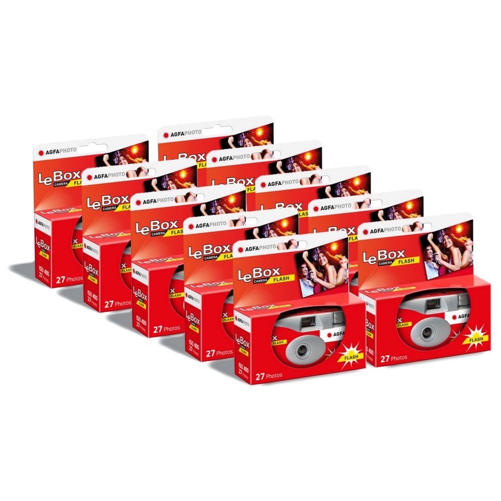 AGFA Photo 601020 - Cámara desechable LeBox Flash, 27 Fotos, Lente óptica de 31 mm, Color Gris y Rojo