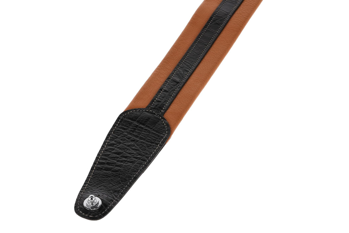 GEWA Correa para guitarra serie Prestige, cuero auténtico, ancho 65 mm, largo 103-139 cm, cierre de seguridad: cromado, arena seca/negro, marrón medio/negro, hecho a mano en Europa