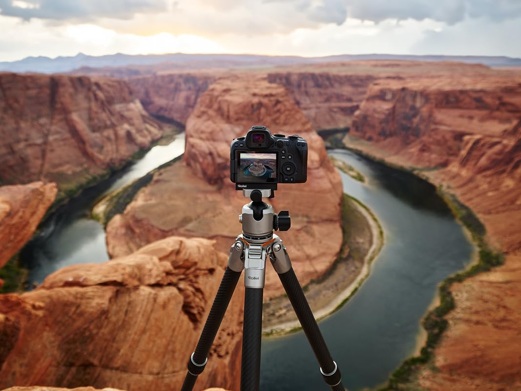 Rollei Trípode de Carbono Lion Rock Pro con Cabezal de trípode – Ultraligero, Alta Capacidad de Carga 20 kg, Altura Ajustable hasta 147,5 cm, tamaño Compacto del Paquete, Puntas Intercambiables para