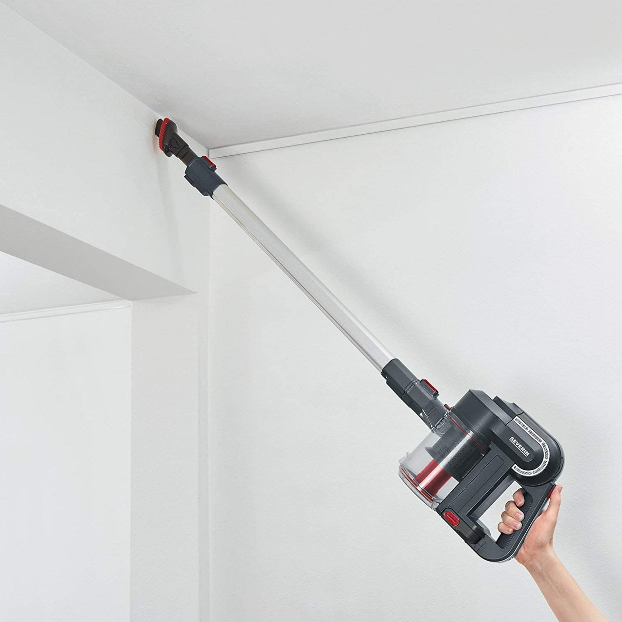 Severin HV 7165, Aspiradora Manual y de Mango con Cepillo eléctrico y Motor Digital, Batería de Iones de Litio de 22.2 V, S´Power topspin Li 30, Gris/Rojo